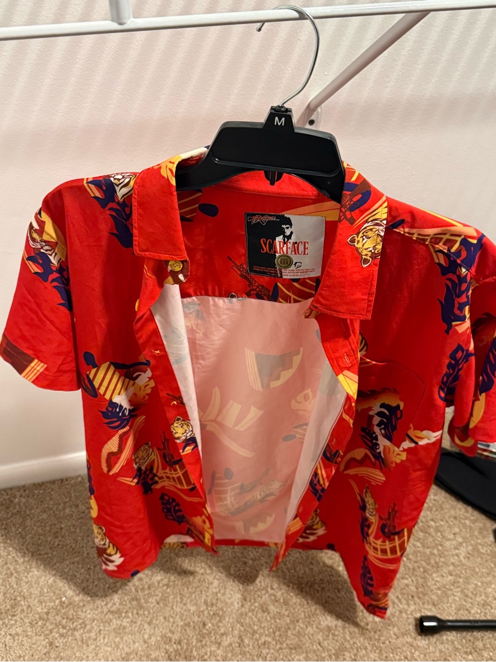 Retro Rifle Orange/Red Hawaiian Short-Sleeve Button-Down Shirt, Scarface